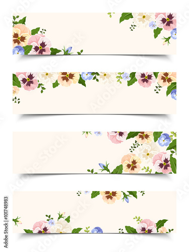 Fototapeta Naklejka Na Ścianę i Meble -  Set of four vector web banners with colorful pansy flowers.