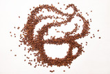 cup of coffee, coffee beans arranged like a cup of coffee on white background