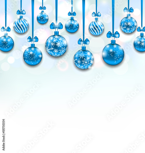 Christmas Blue Glassy Balls with Bow Ribbon