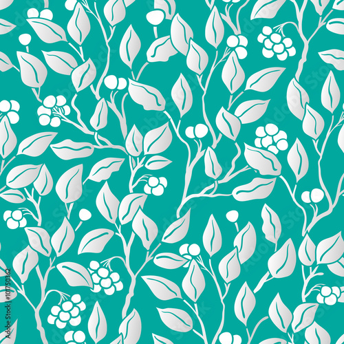 Vector Seamless Floral Pattern. Art Deco vintage pattern with silver leaves on blue green. Hand Drawn Floral Texture, Decorative Flowers, Coloring Book