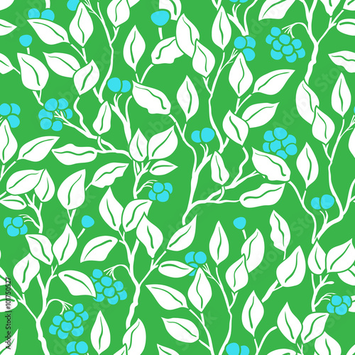 Wallpaper Mural Abstract white leaves and bright blue berries on green backdrop seamless vector pattern. Decorative hand drawn vintage background. Torontodigital.ca