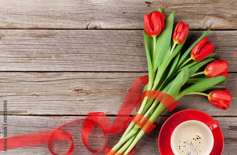 Red tulips and coffee cup Red tulips and coffee cup