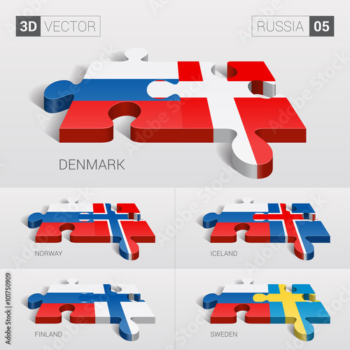 Russia and Denmark, Iceland, Norway, Finland, Sweden Flag. 3d vector puzzle. Set 05.