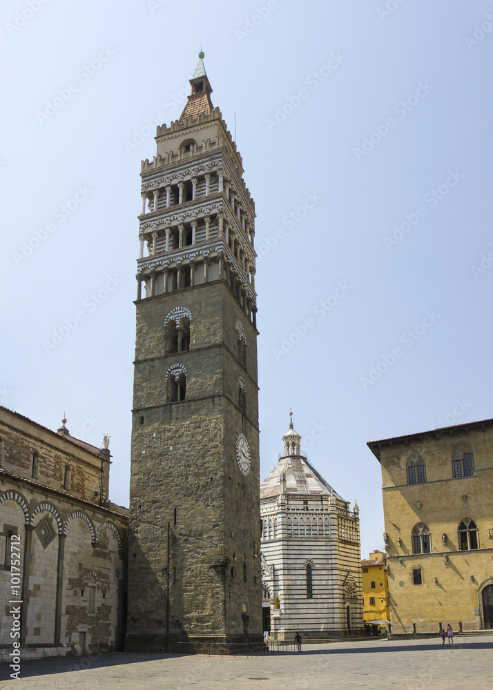  Duomo belfry and Baptistery from City Hall of Pistoia, Tuscany, Italy
