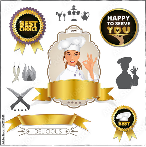 Smiling Female Chef Showing Ok Sign. Badge, Vintage, Frame, Silhouette