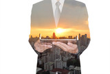 Double exposure of city, sunset and business man hand hold tablet as technology with urban concept.
