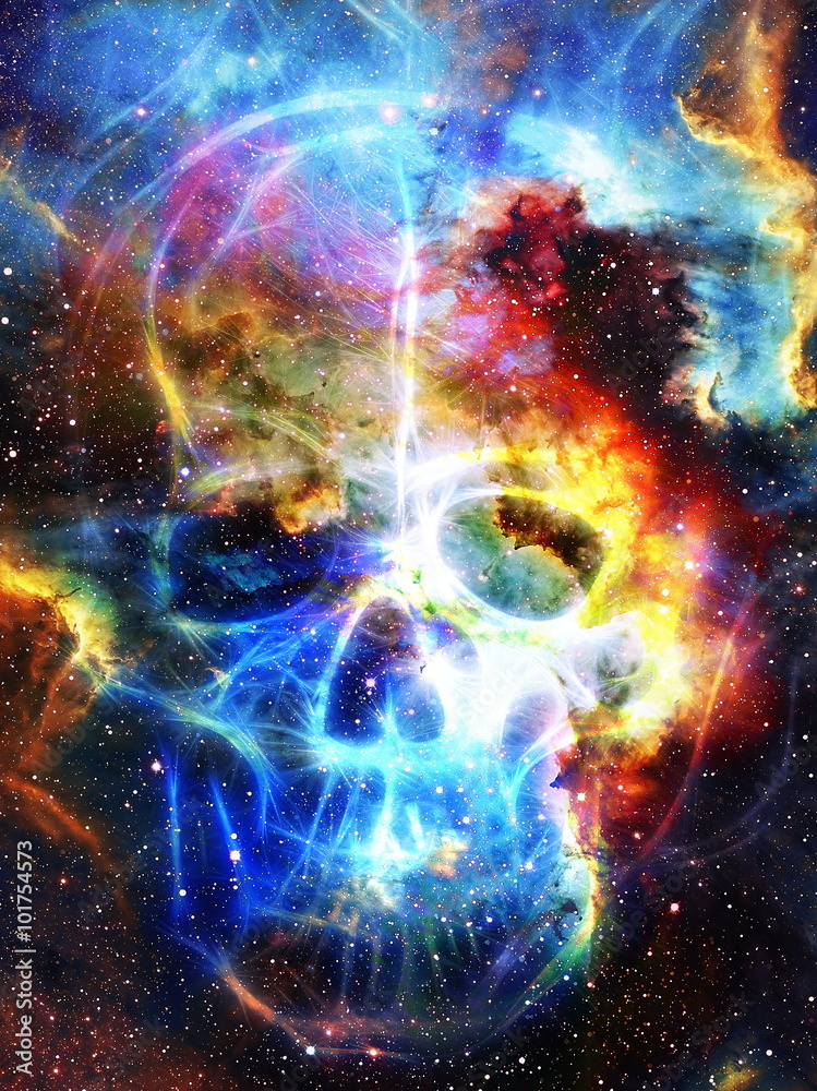 Obraz premium Skull and fractal effect. Color space background, computer collage. Elements of this image furnished by NASA.