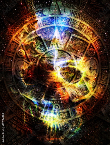 Ancient Mayan Calendar and skull in cosmic space with stars, abstract color Background.