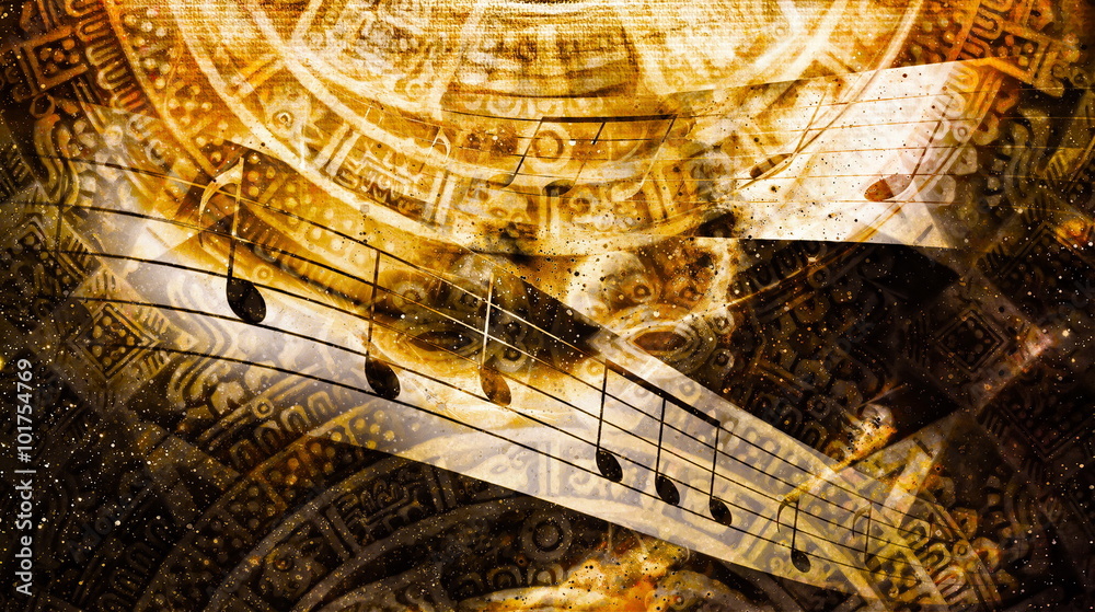 Fototapeta premium Ancient Mayan Calendar and Music note, Cosmic space with stars, abstract color Background, computer collage.