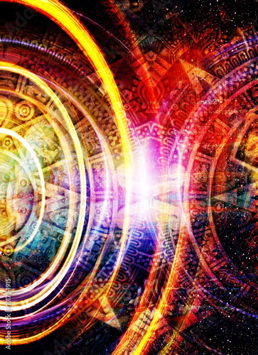 Ancient Mayan Calendar and light circle effect, abstract color Background, computer collage.