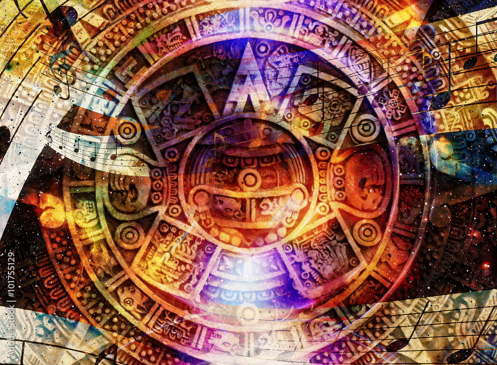Ancient Mayan Calendar and  Music note, Cosmic space with stars, abstract color Background, computer collage.