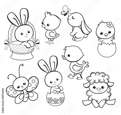 Happy Easter holiday illustration with cute chicken, bunny, duck, lamb cartoon characters.Coloring page. Vector illustration.