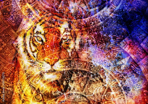 Viking Boat on the beach with wood dragon and Tiger head, and Ancient Mayan Calendar, abstract color Background, computer collage, Eye contact.