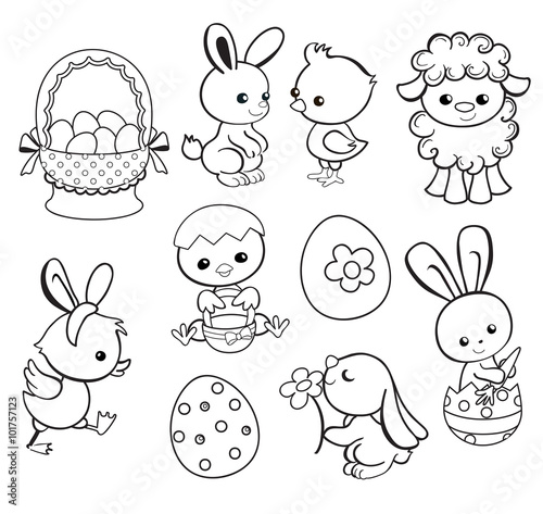 Happy Easter holiday illustration with cute chicken, bunny, duck, lamb cartoon characters.Coloring page. Vector illustration.