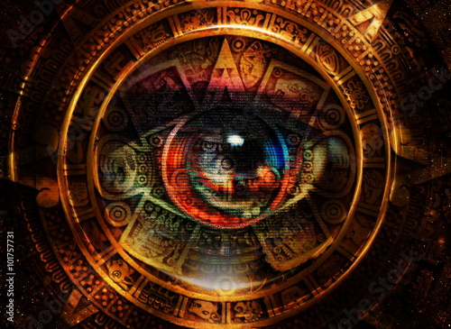 Ancient Mayan Calendar and woman eye   abstract color Background  computer collage. Eye in circle light.