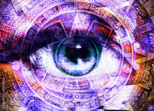 Ancient Mayan Calendar and woman eye,  abstract color Background, computer collage.