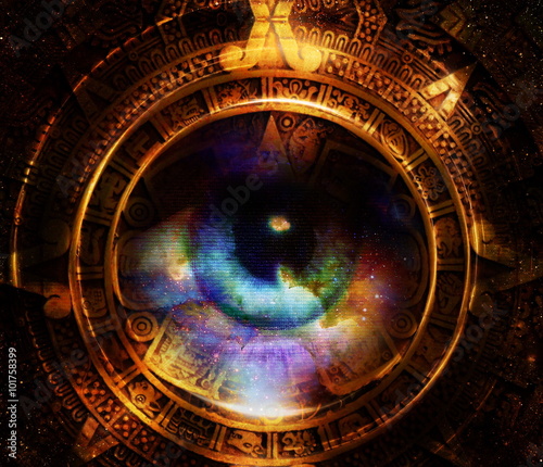 Ancient Mayan Calendar, And woman eye, Cosmic space with stars, abstract color Background, computer collage. Light circle effect.