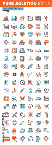 Thin line web icons for medical services and support, dental care, medicines and equipment, for websites and mobile websites and apps.
