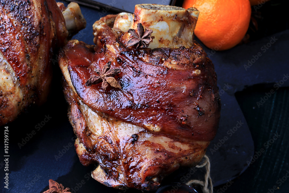 Photography roasted pork knuckle meat