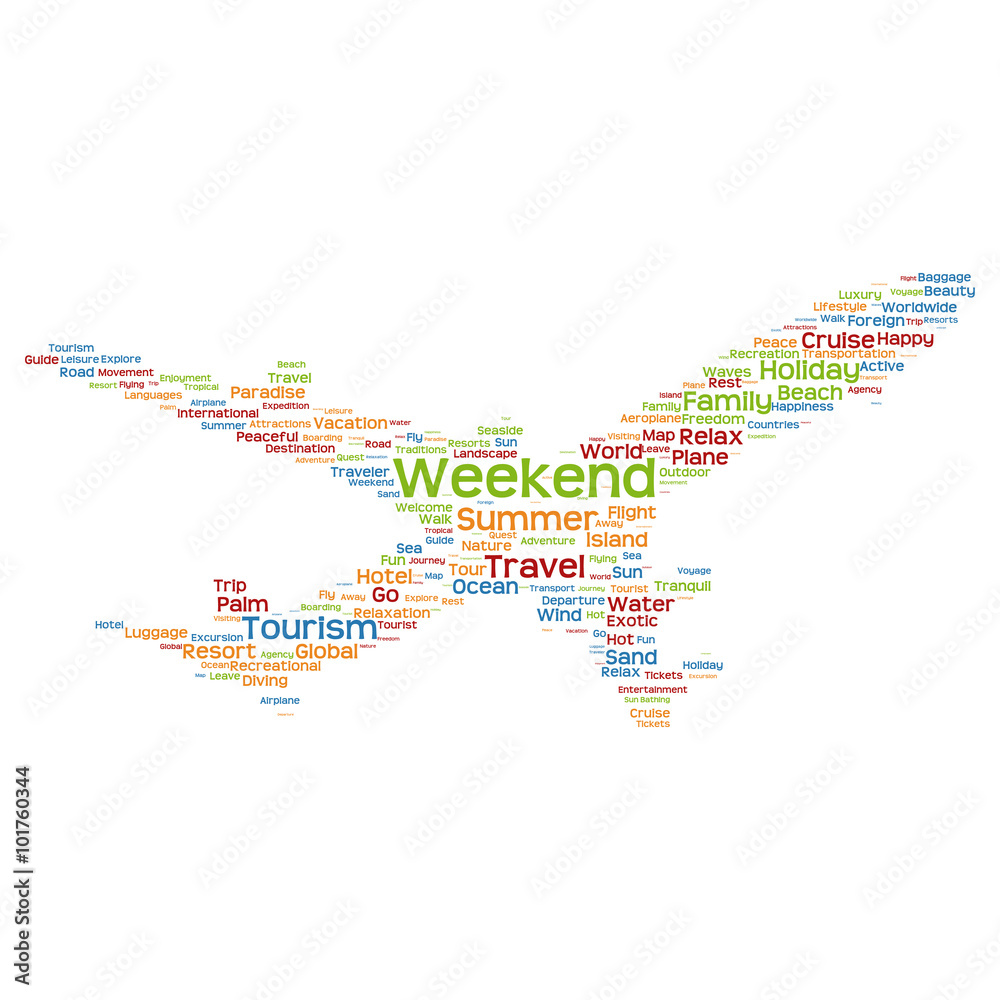 Vector conceptual travel or tourism plane word cloud