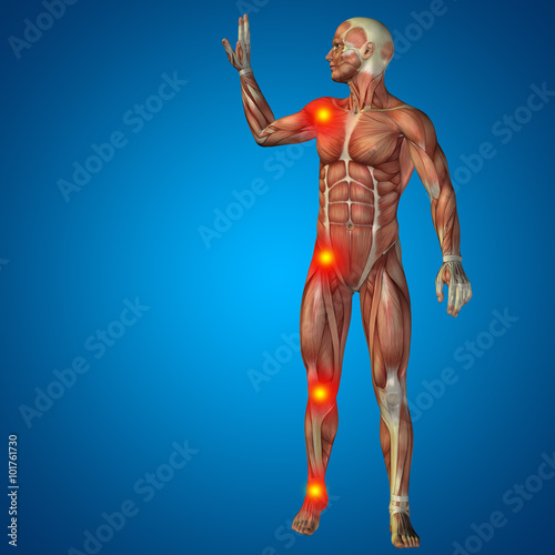 Conceptual 3D human man anatomy joint pain body on blue background