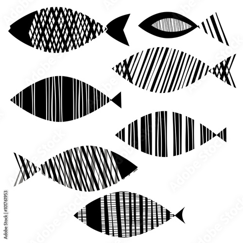 Vector set of fishes. Hand drawn doodle illustration, isolated elements.