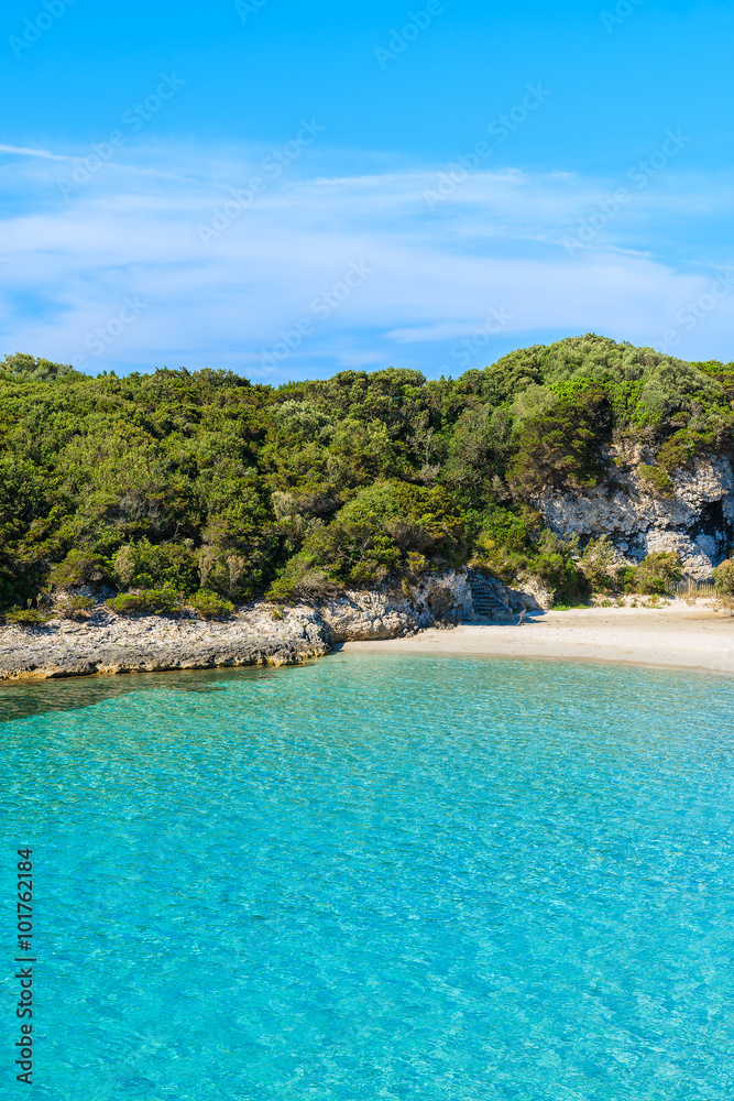 A view of idyllic Petit Sperone beach with crystal clear turquoise sea water, Corsica island, France