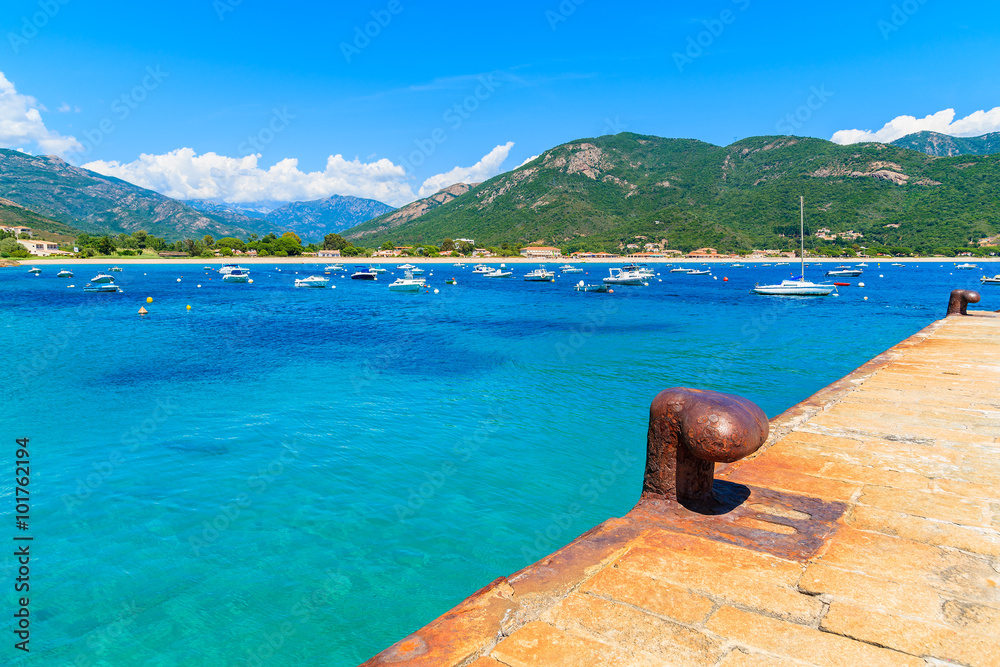 Turquoise sea and mountains on coast of southern Corsica island near Cargese town, France