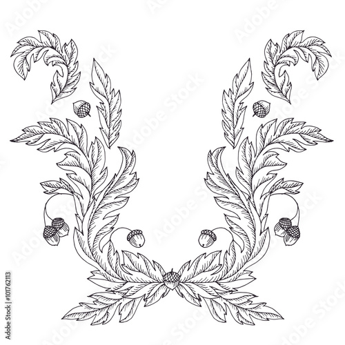 Victorian style vector design with oak leaves and acorns. Decorative baroque ornamental illustration in black and white