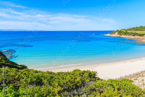 A view of idyllic white sand beach Grande Sperone with azure sea water, Corsica island, France