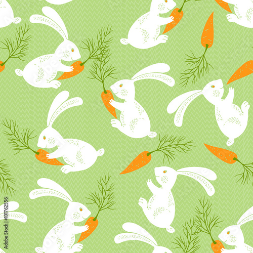 White rabbits with carrots. Seamless vector pattern. Animal background.
