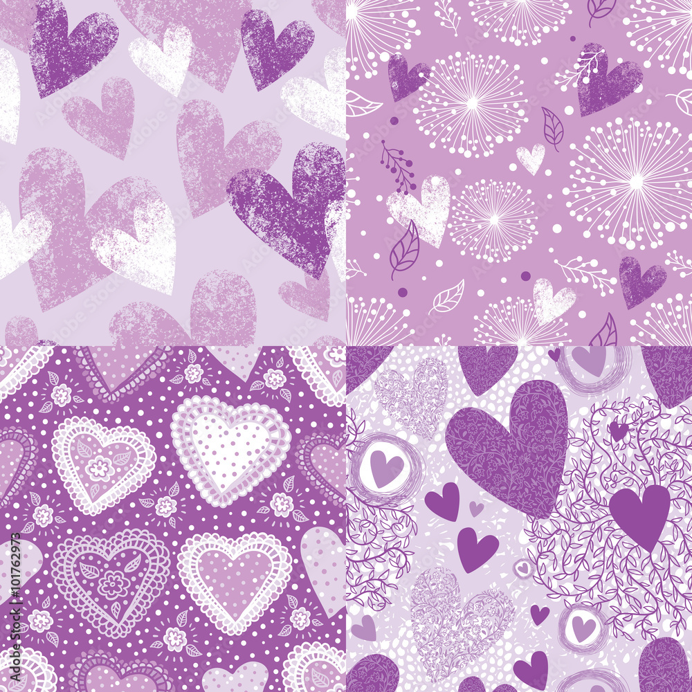 Purple Hearts Seamless Pattern Set