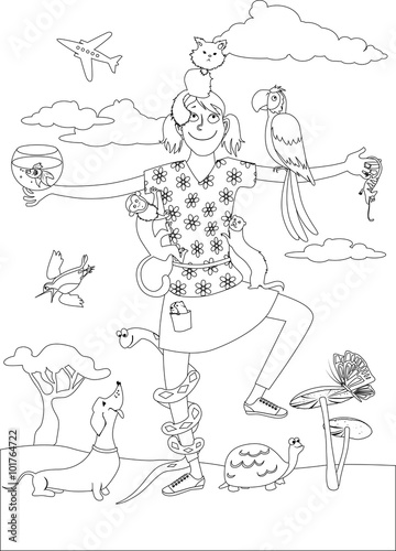 Pet sitter coloring page. Black outline of a girl surrounded by various pets, EPS 8 vector illustration