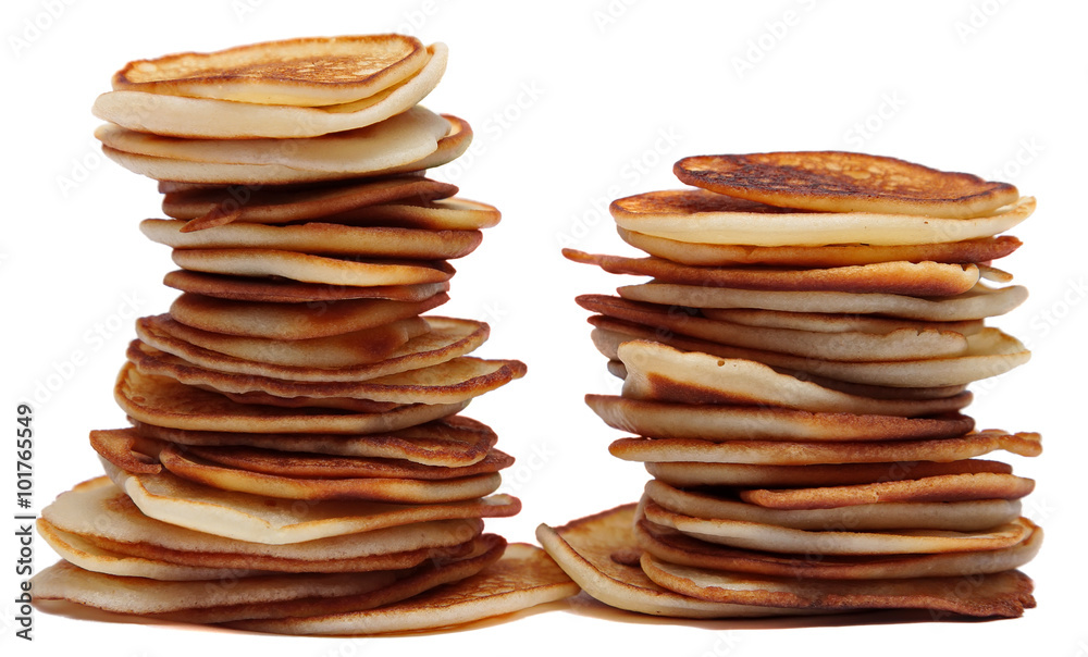 Pile of pancakes isolated on a white background . Shrovetide