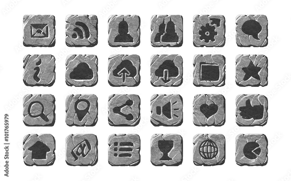 A set of realistic stone textured user interface buttons and icons