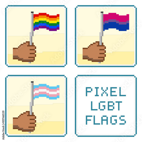 Pixelized hands holding LGBT flags vector