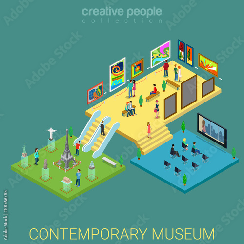 Contemporary art museum interior floors flat 3d isometric vector