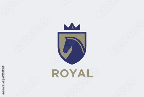 Royal Horse on Shield with Crown Logo. Equestrian emblem vintage