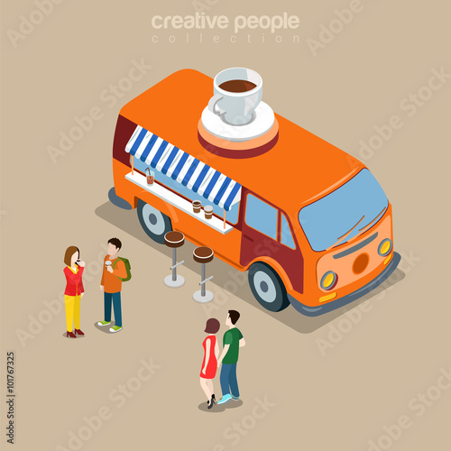 Coffee shop cafe fast street food van 3d isometric vector flat
