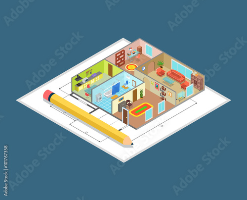 Apartment interior plan indoor rooms flat 3d isometric vector