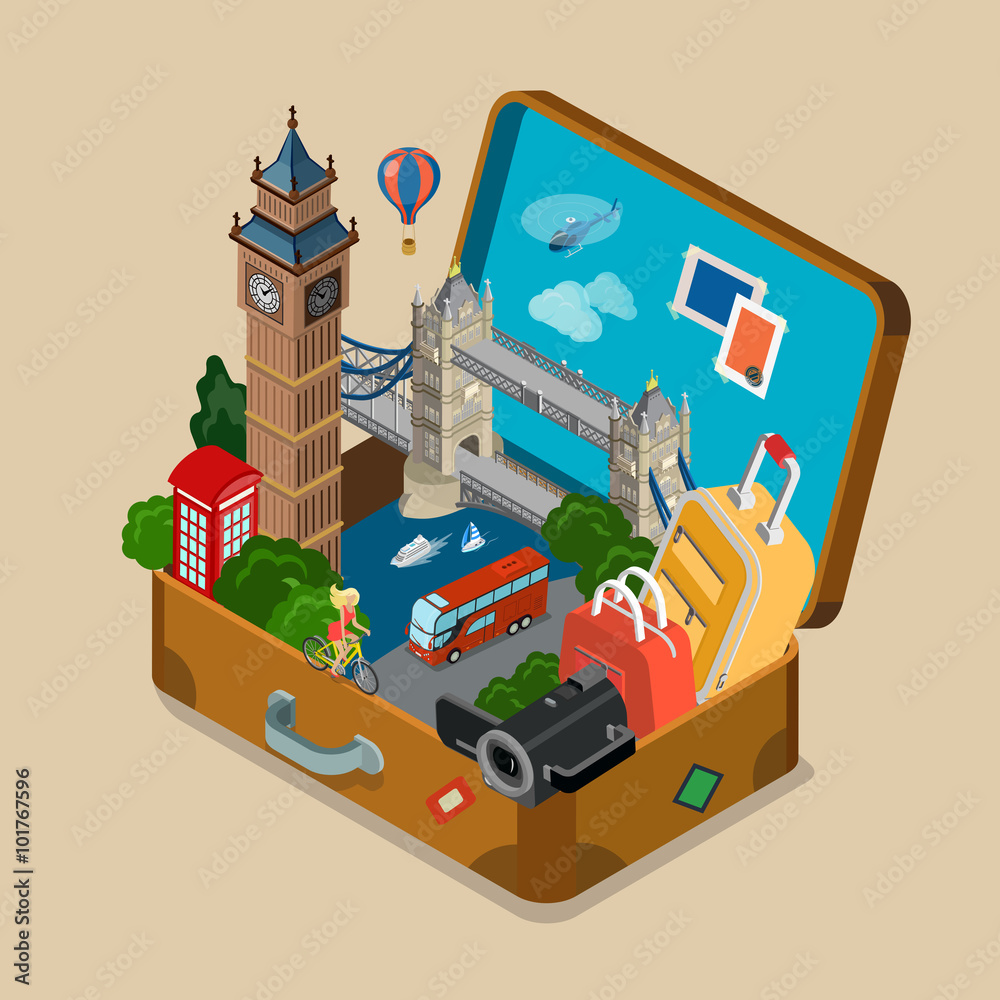 Fotografie Suitcase sights landmarks vacation travel flat isometric vector