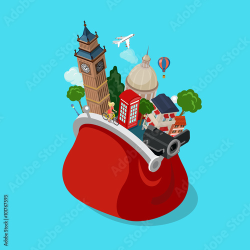 Bag sights landmarks tourism showplace flat isometric vector 3d