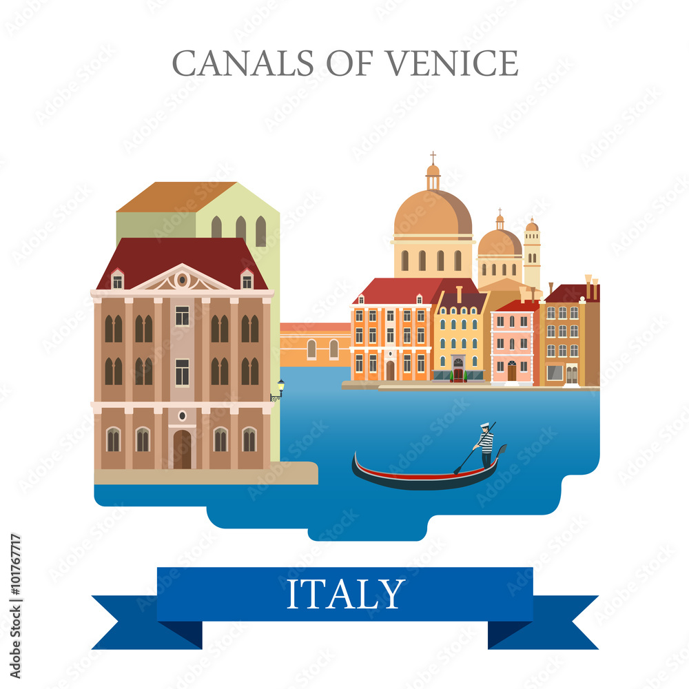 Canals of Venice gondola Italy flat vector attraction landmark