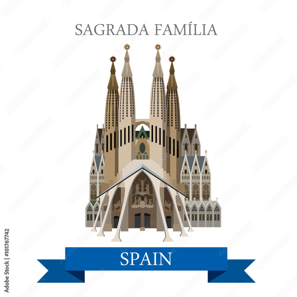 Naklejka premium Sagrada Familia Gaudi Basilica Barcelona Hiszpania płaski wektor widok