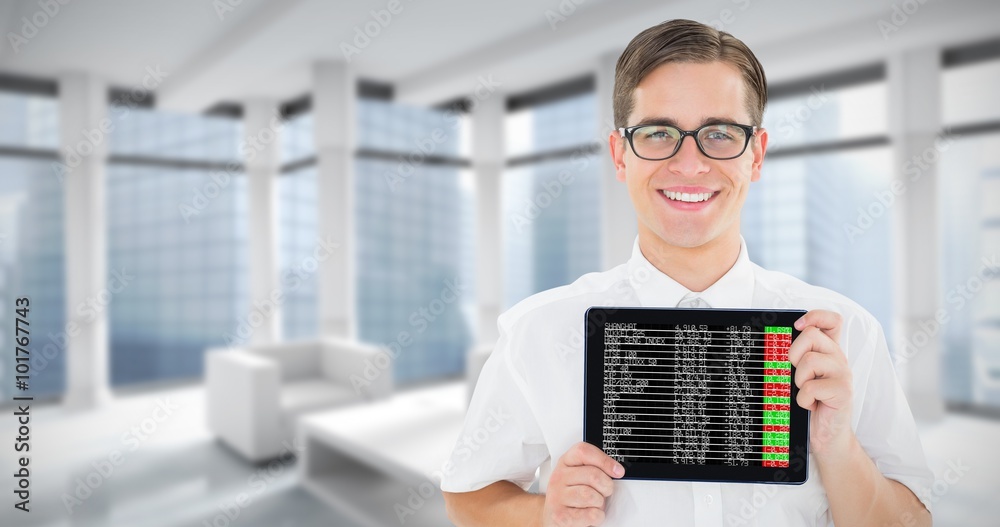 Composite image of geeky businessman showing his tablet pc Composite image of geeky businessman showing his tablet pc