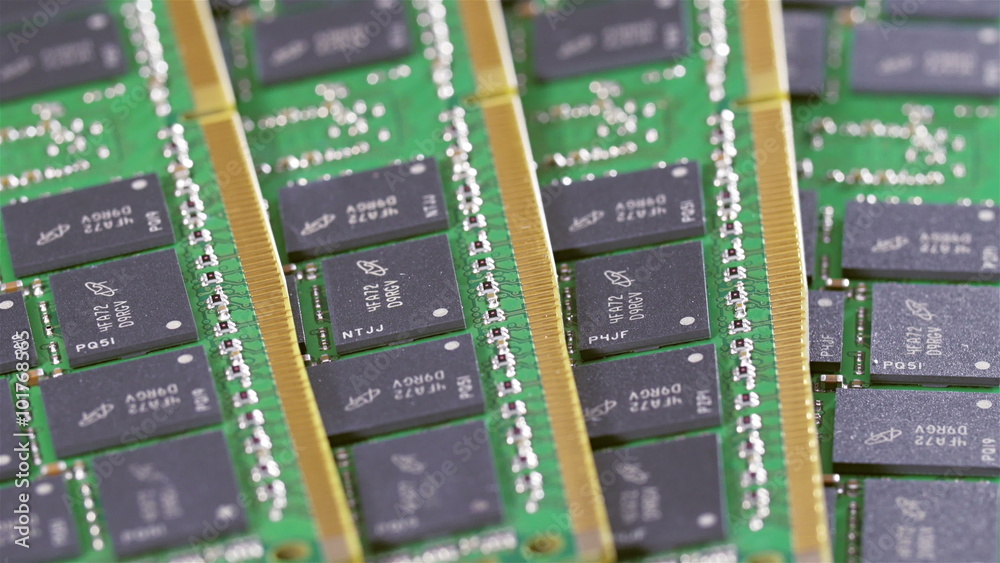 Many DDR4 computer memory modules (RAM) sliding video, closeup view Many DDR4 computer memory modules (RAM) sliding video, closeup view