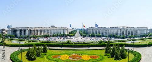 view of the constitution square taken from the terrace of the romanian parliament.