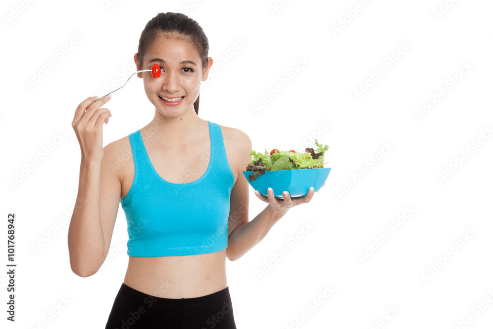 Beautiful Asian healthy girl enjoy eating salad Beautiful Asian healthy girl enjoy eating salad