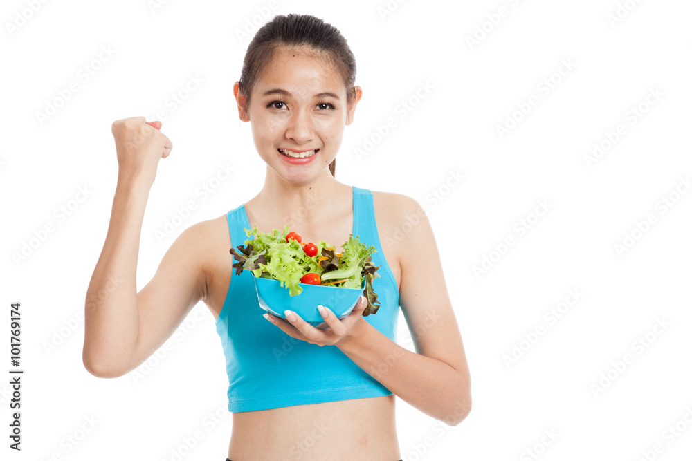 Beautiful Asian healthy girl fist up with salad Beautiful Asian healthy girl fist up with salad