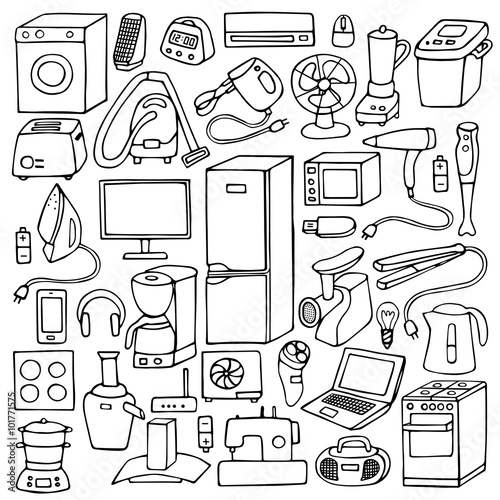 Household appliances hand drawn set